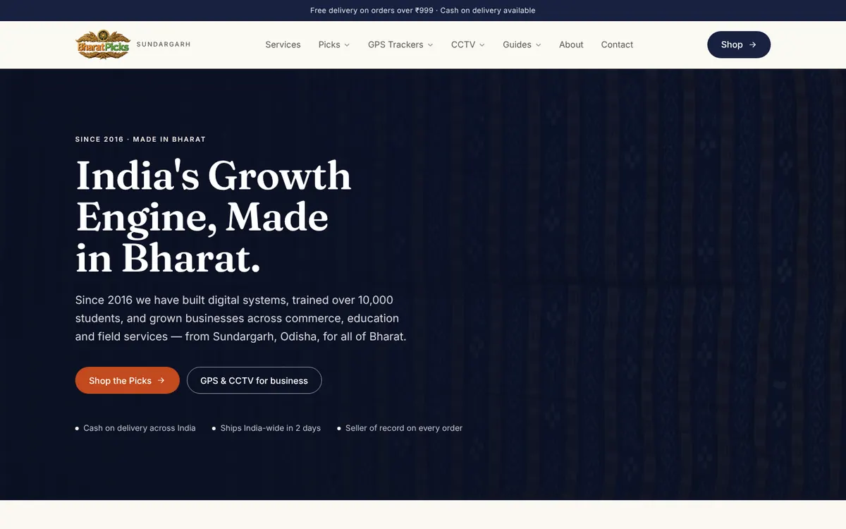 Homepage of Bharat Picks, a website built by Clickstack