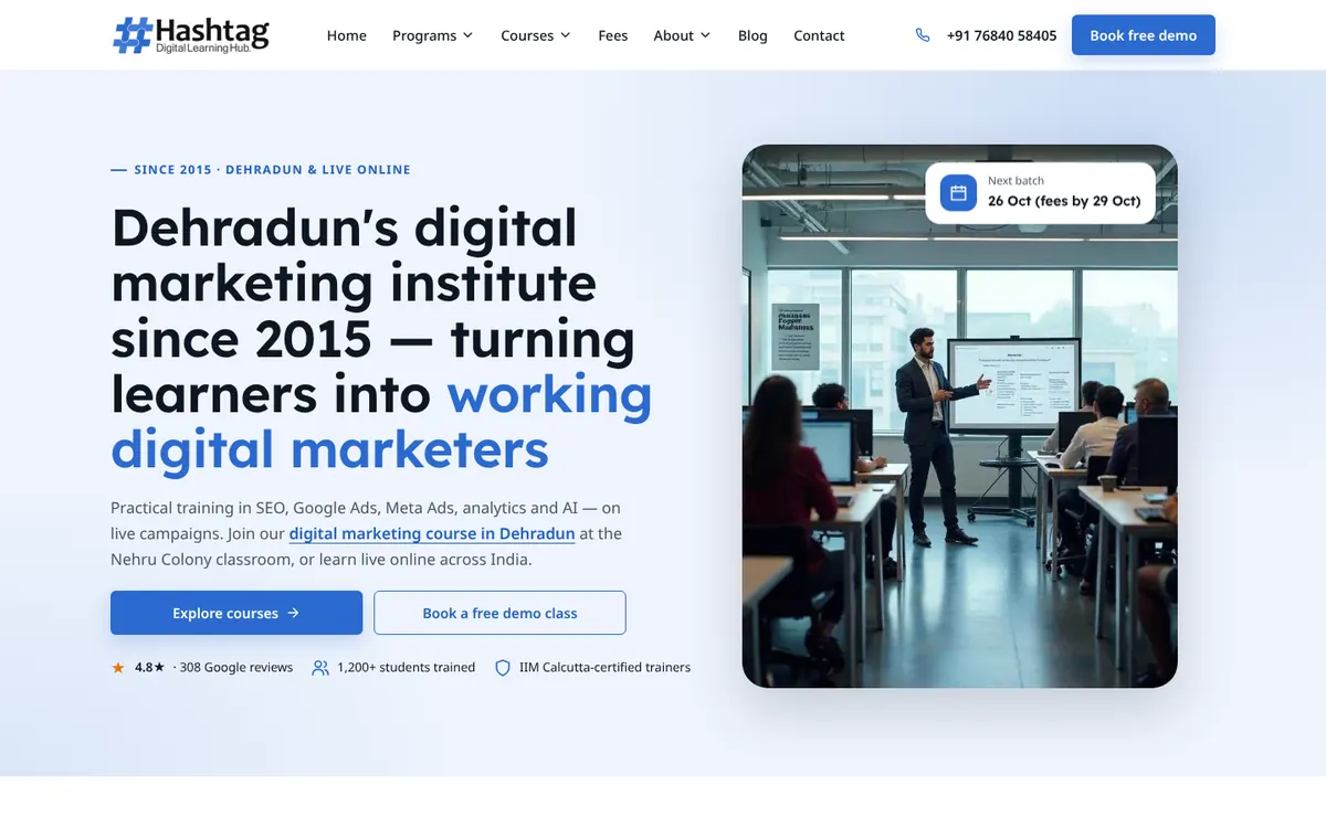 Homepage of Hashtag Digital Marketing Academy, a website built by Clickstack