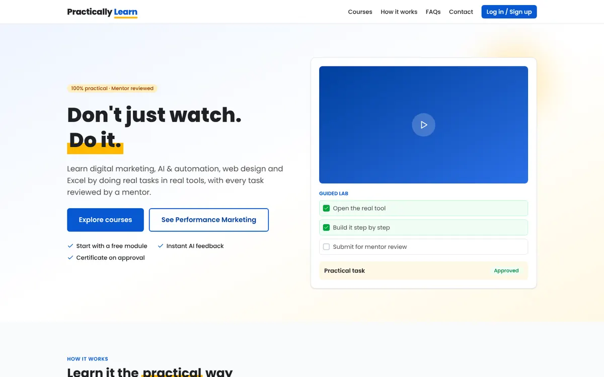 Homepage of Practically Learn, a website built by Clickstack
