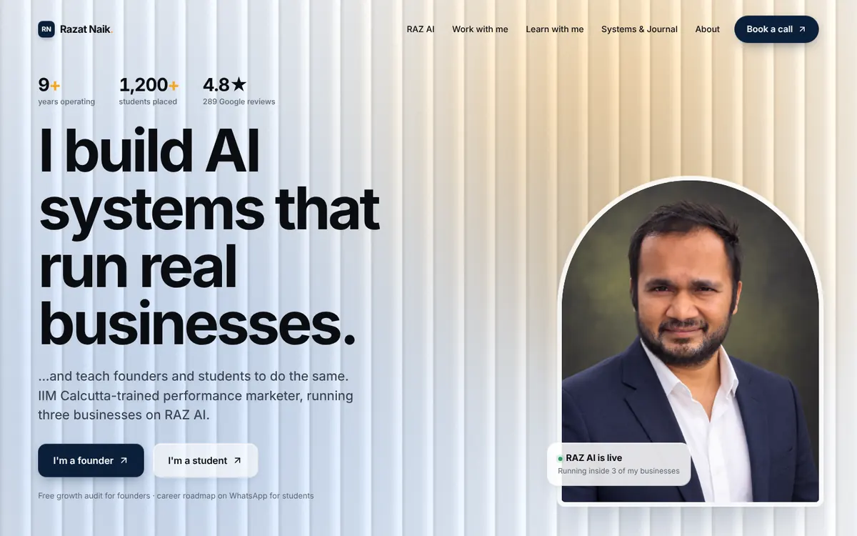 Homepage of Razat Naik, a website built by Clickstack
